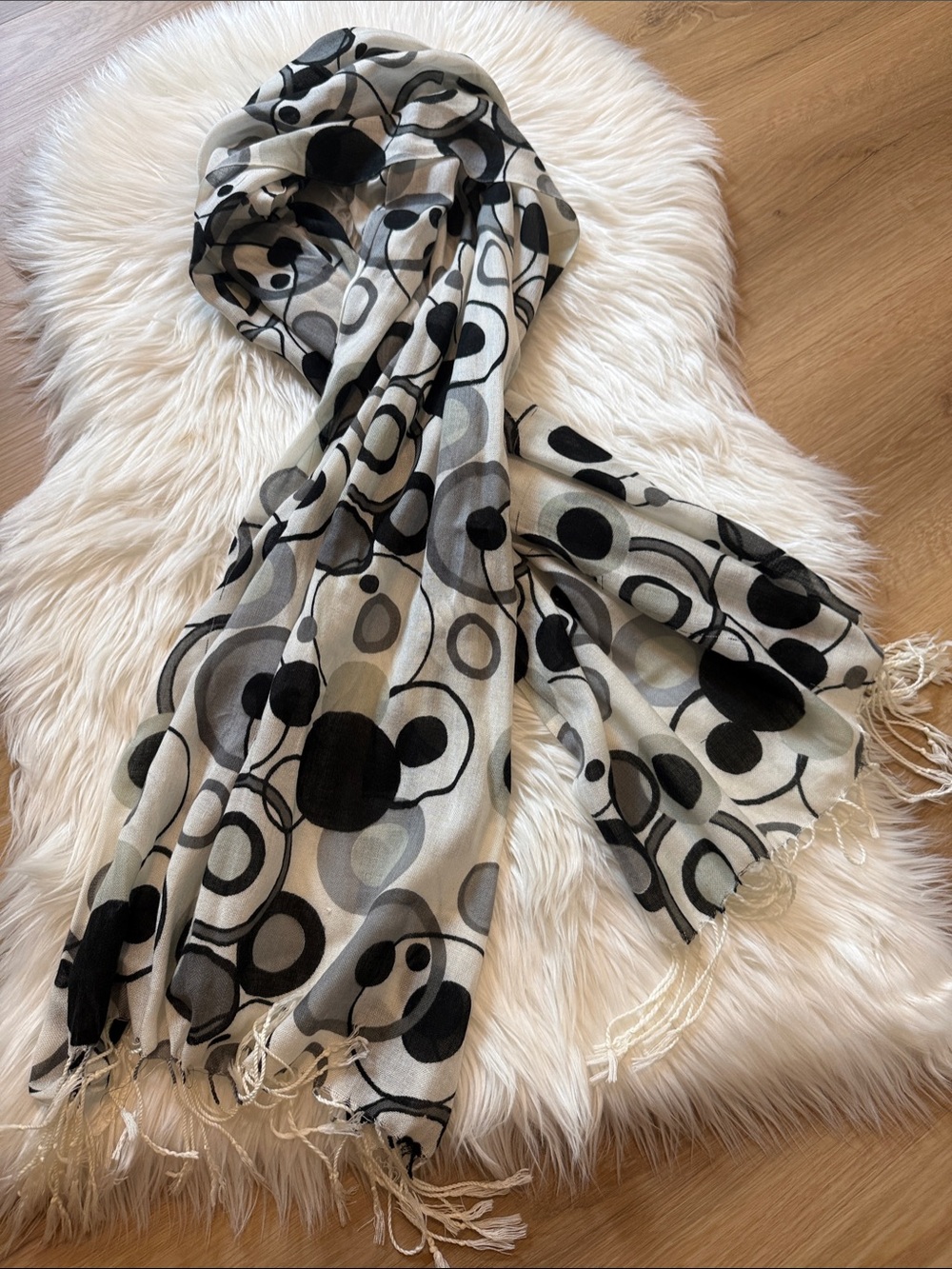 Neutral Circle Print Fringe Scarf